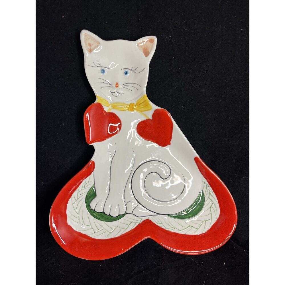Porcelain Cat Shape With Red Hearts Hand Painted Tray/Dish Made in Italy #7145